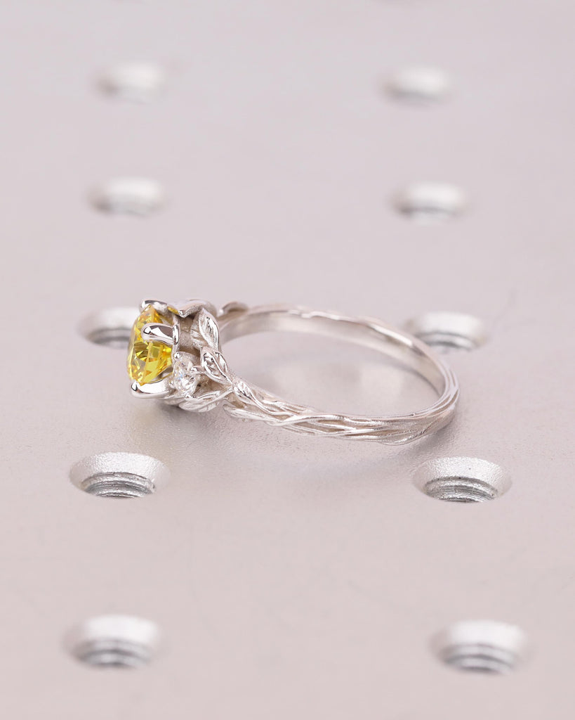 Art Deco Nature Inspired Ring, Round Yellow Lab Grown Diamond Engagement Ring, 18k/14k White Gold Promise Rings for Women, Floral Jewelry image #13