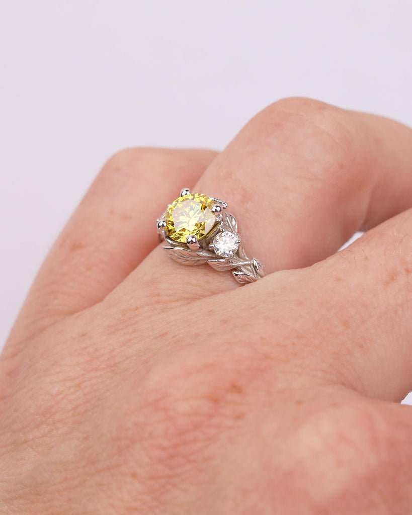 Art Deco Nature Inspired Ring, Round Yellow Lab Grown Diamond Engagement Ring, 18k/14k White Gold Promise Rings for Women, Floral Jewelry image #3