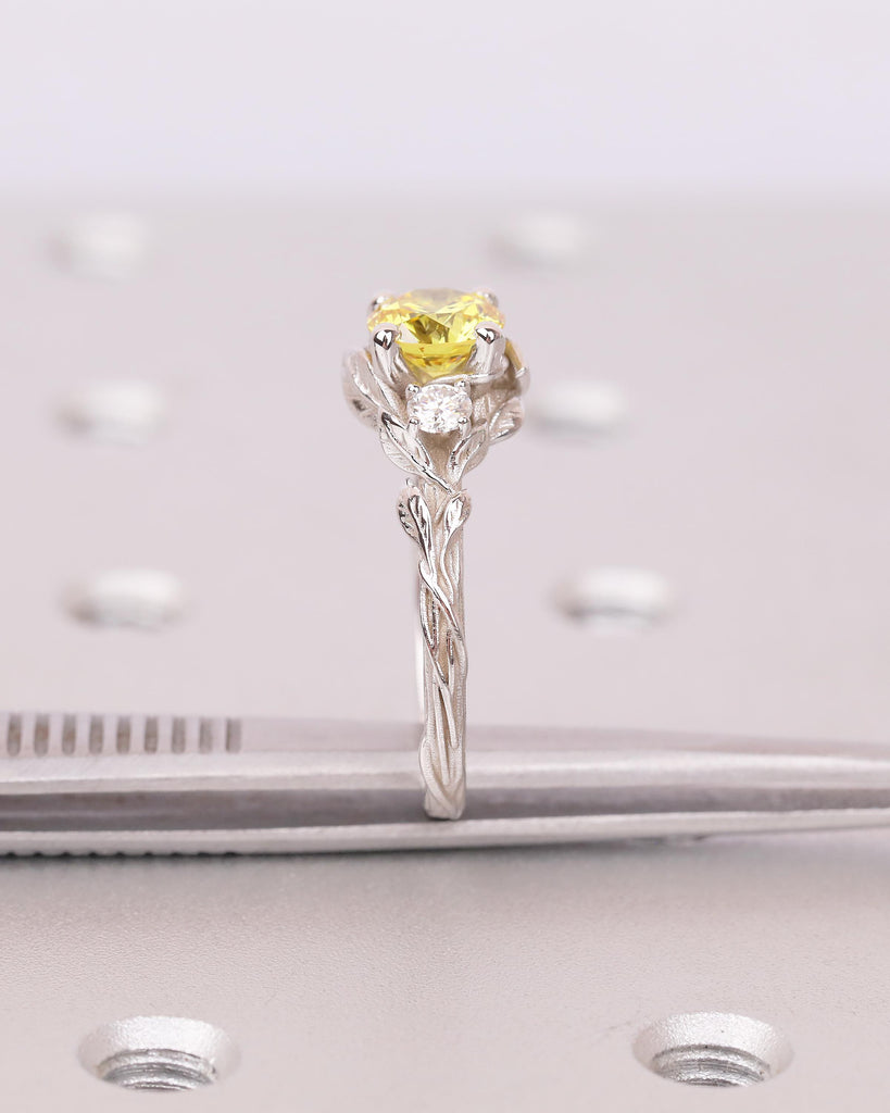 Art Deco Nature Inspired Ring, Round Yellow Lab Grown Diamond Engagement Ring, 18k/14k White Gold Promise Rings for Women, Floral Jewelry image #15