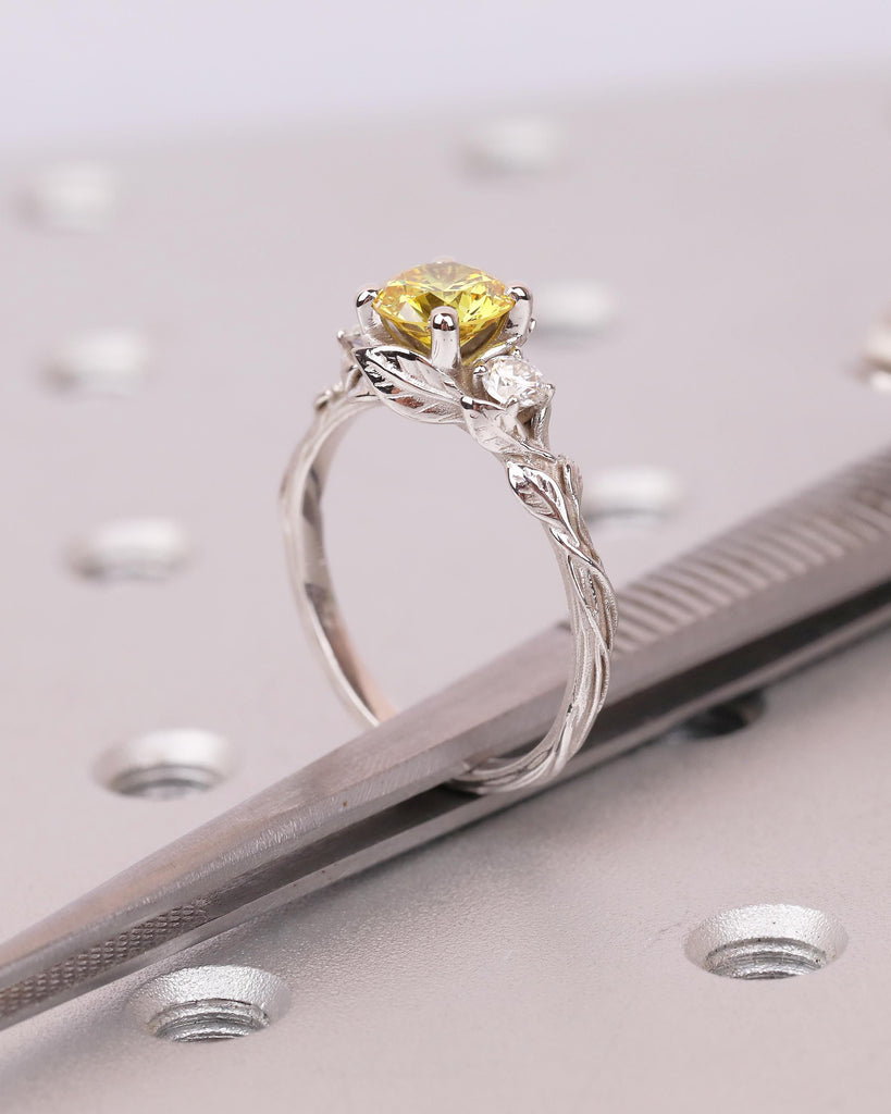 Art Deco Nature Inspired Ring, Round Yellow Lab Grown Diamond Engagement Ring, 18k/14k White Gold Promise Rings for Women, Floral Jewelry image #2