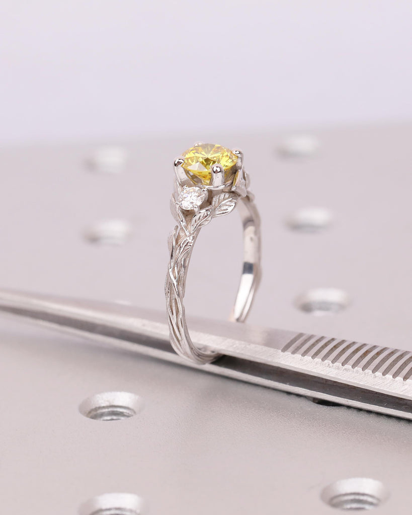 Art Deco Nature Inspired Ring, Round Yellow Lab Grown Diamond Engagement Ring, 18k/14k White Gold Promise Rings for Women, Floral Jewelry image #20