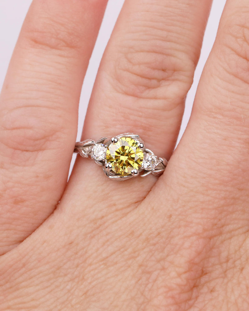 Art Deco Nature Inspired Ring, Round Yellow Lab Grown Diamond Engagement Ring, 18k/14k White Gold Promise Rings for Women, Floral Jewelry image #11