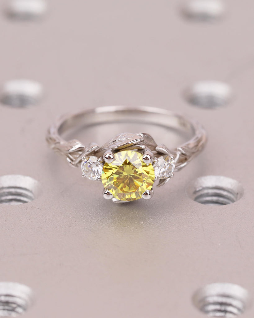 Art Deco Nature Inspired Ring, Round Yellow Lab Grown Diamond Engagement Ring, 18k/14k White Gold Promise Rings for Women, Floral Jewelry image #8