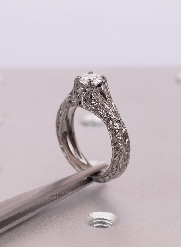 Vintage Filigree Moissanite Solitaire, Engagement Ring, Nature Inspired Leaf Engraved Band, Art Deco Milgrain, Black Gold Ring image #10