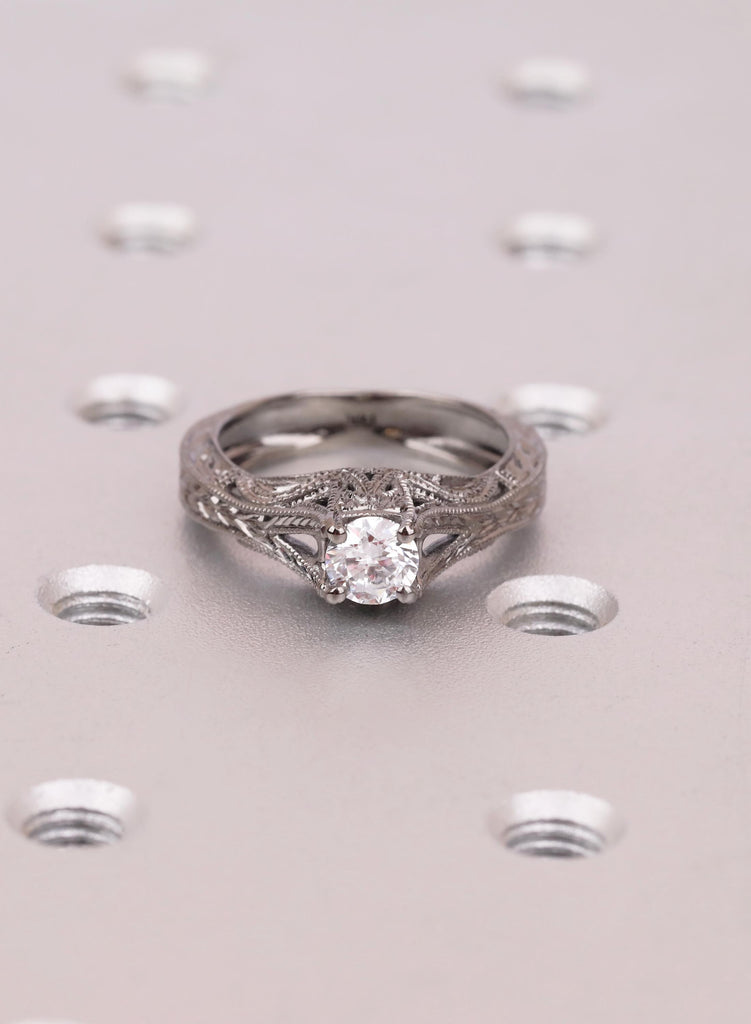 Vintage Filigree Engagement Ring, 14K Black Gold Round Lab Diamond Ring, Art Deco Milgrain Nature Inspired Antique Style Ring image #3