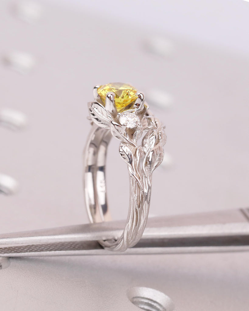 Nature Inspired Engagement Rings, Yellow Lab Grown Diamond Ring, 14k Solid Gold Bridal Ring Set image #4