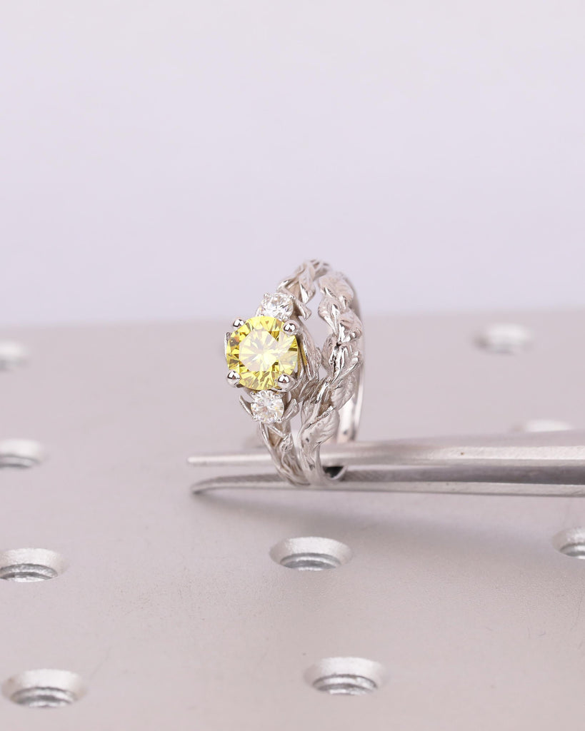 Round Yellow Lab Grown Diamond Engagement Ring Set in White Gold, Nature Inspired Ring image #14