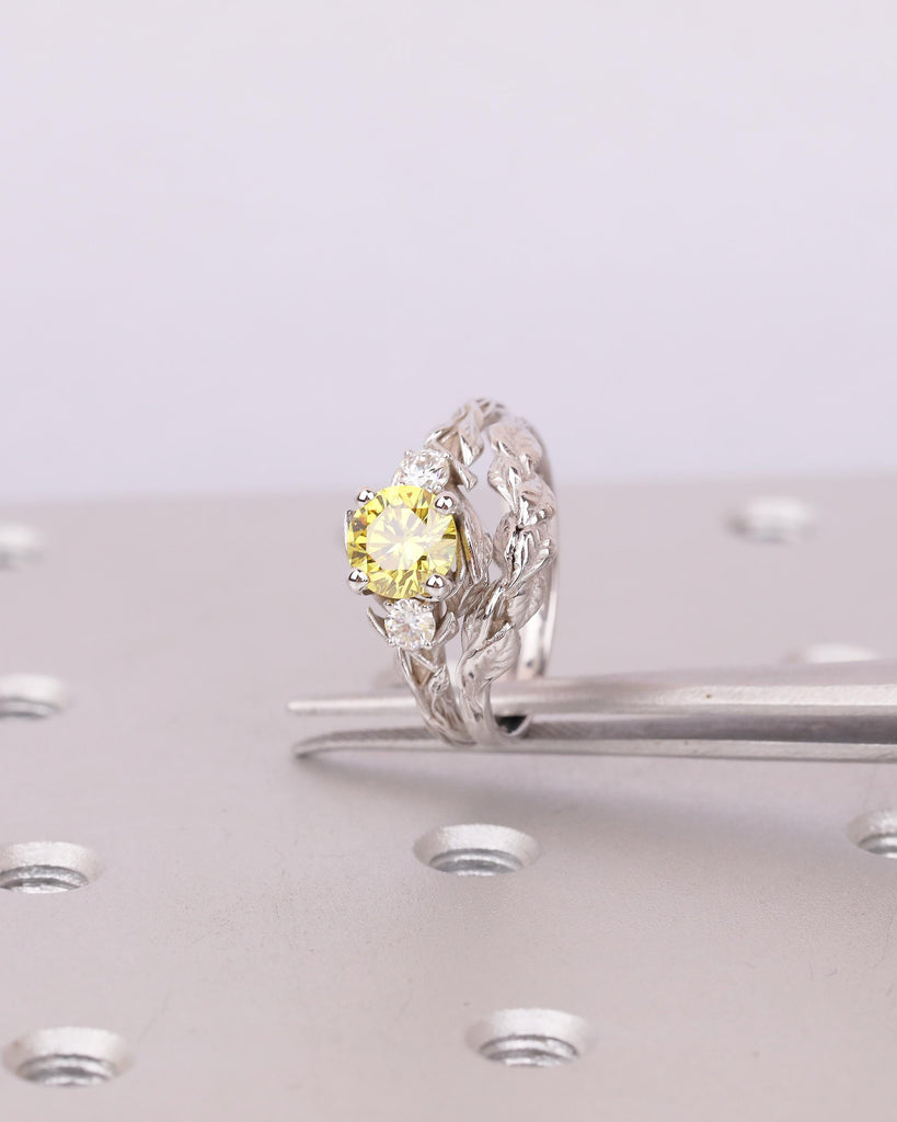 Nature Inspired Engagement Rings, Yellow Lab Grown Diamond Ring, 14k Solid Gold Bridal Ring Set image #9