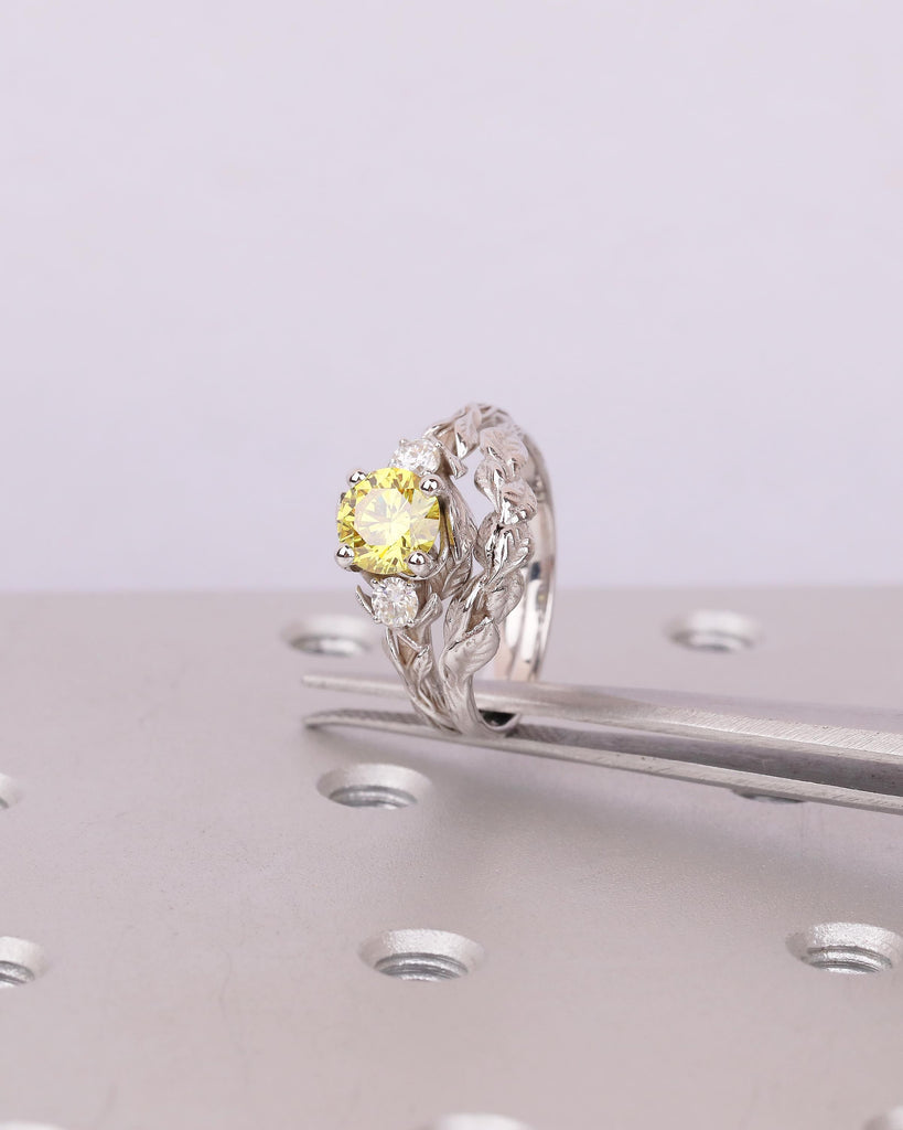Nature Inspired Engagement Rings, Yellow Lab Grown Diamond Ring, 14k Solid Gold Bridal Ring Set image #14
