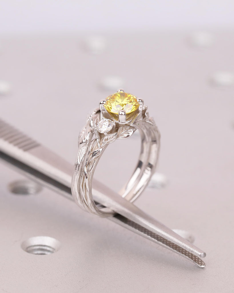 Nature Inspired Engagement Rings, Yellow Lab Grown Diamond Ring, 14k Solid Gold Bridal Ring Set image #16