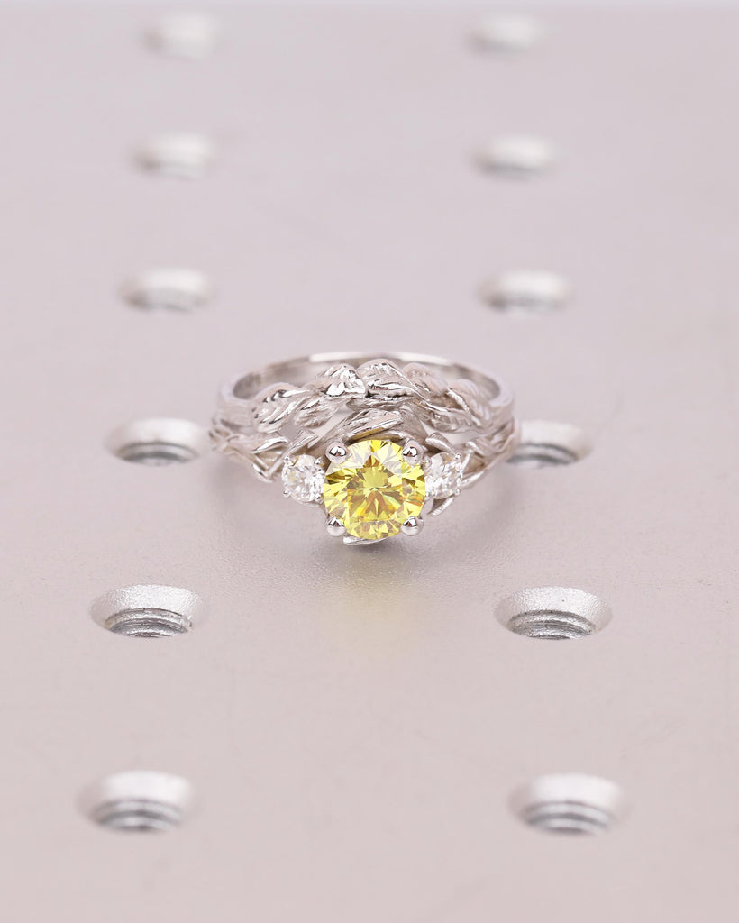 Nature Inspired Engagement Rings, Yellow Lab Grown Diamond Ring, 14k Solid Gold Bridal Ring Set image #8