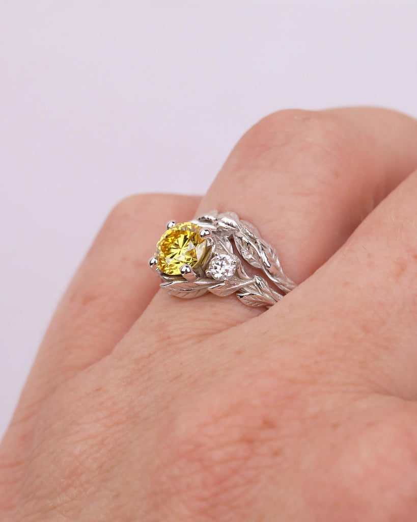 Round Yellow Lab Grown Diamond Engagement Ring Set in White Gold, Nature Inspired Ring image #3