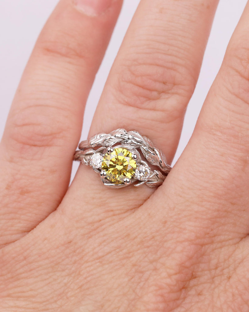 14k Gold Wedding Ring Set, Yellow Lab Diamond Engagement Ring, Moissanite Accents, Vintage Style Stackable Rings for Women, Nature Jewelry image #8