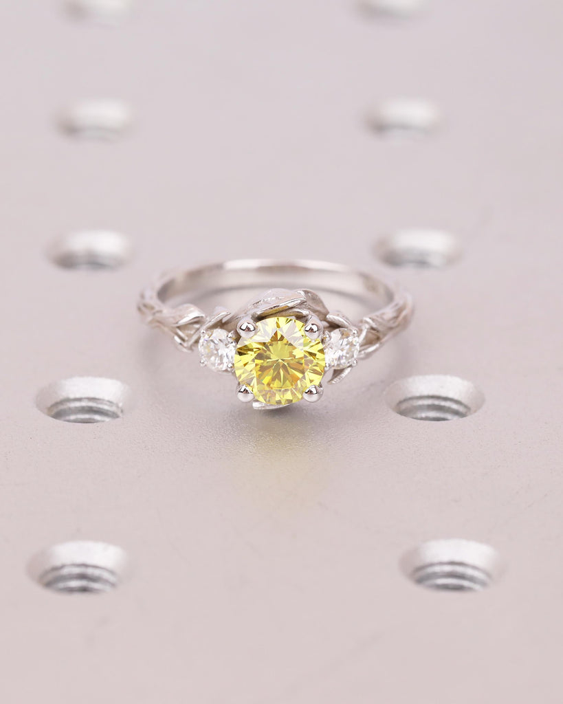 Yellow Lab Created Diamond Ring, Vintage Engagement Ring in 14k White Gold, Nature Jewelry image #2