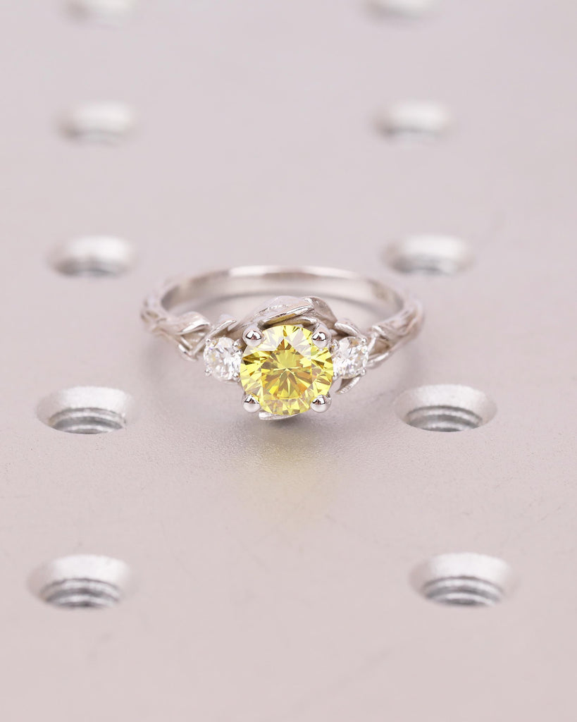 Art Deco Nature Inspired Ring, Round Yellow Lab Grown Diamond Engagement Ring, 18k/14k White Gold Promise Rings for Women, Floral Jewelry image #1