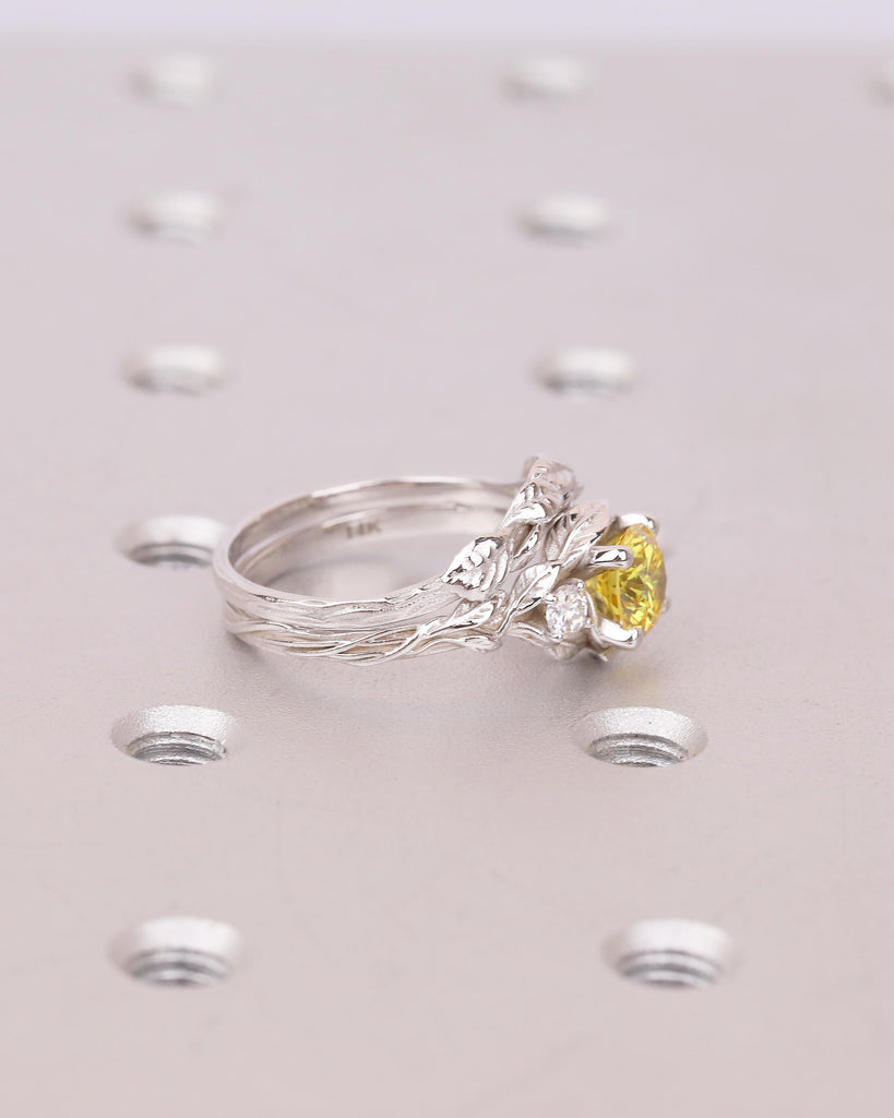 Yellow Lab Diamond Engagement Ring Set, Vintage 14k White Gold Wedding Anniversary Ring, Unique Nature Inspired Personalized Bridal Jewelry image #12