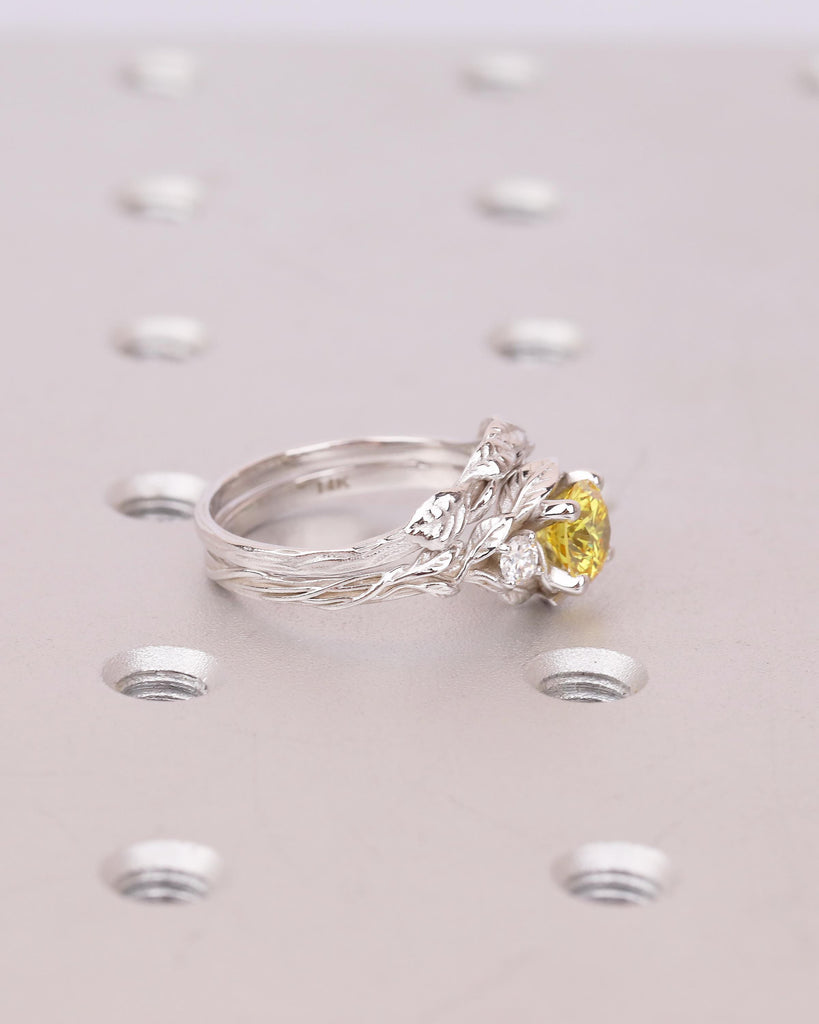 Nature Inspired Engagement Rings, Yellow Lab Grown Diamond Ring, 14k Solid Gold Bridal Ring Set image #12