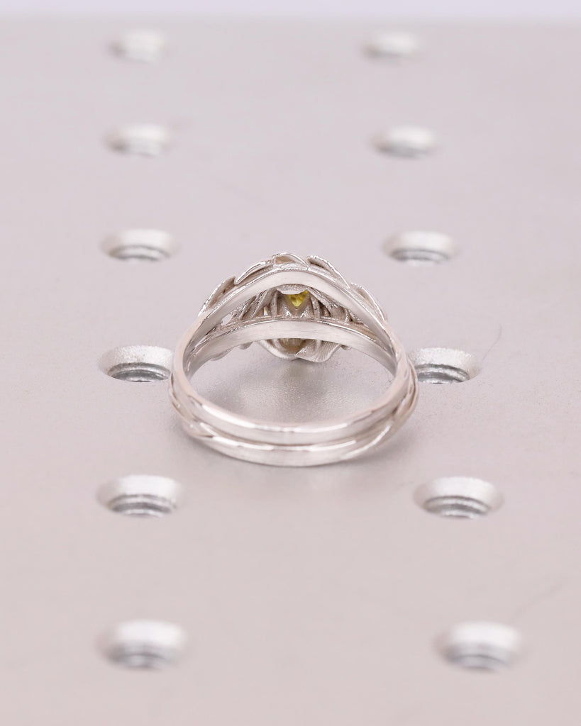Yellow Lab Diamond Engagement Ring Set, Vintage 14k White Gold Wedding Anniversary Ring, Unique Nature Inspired Personalized Bridal Jewelry image #6