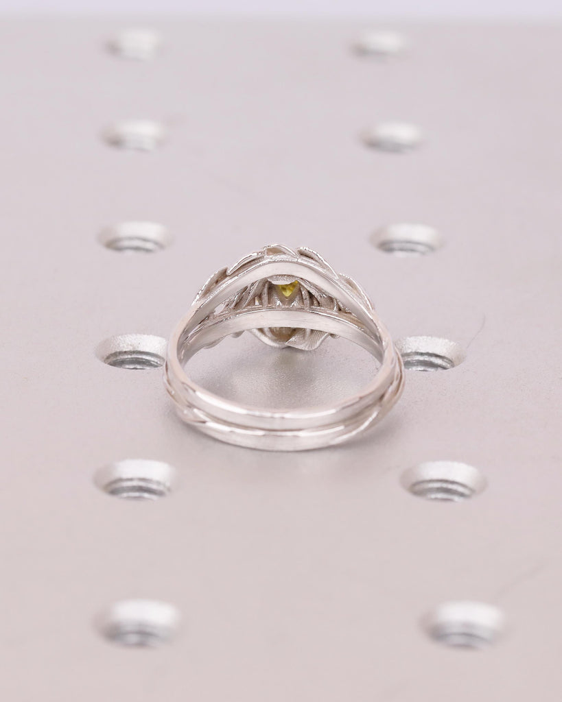 14k Gold Wedding Ring Set, Yellow Lab Diamond Engagement Ring, Moissanite Accents, Vintage Style Stackable Rings for Women, Nature Jewelry image #6