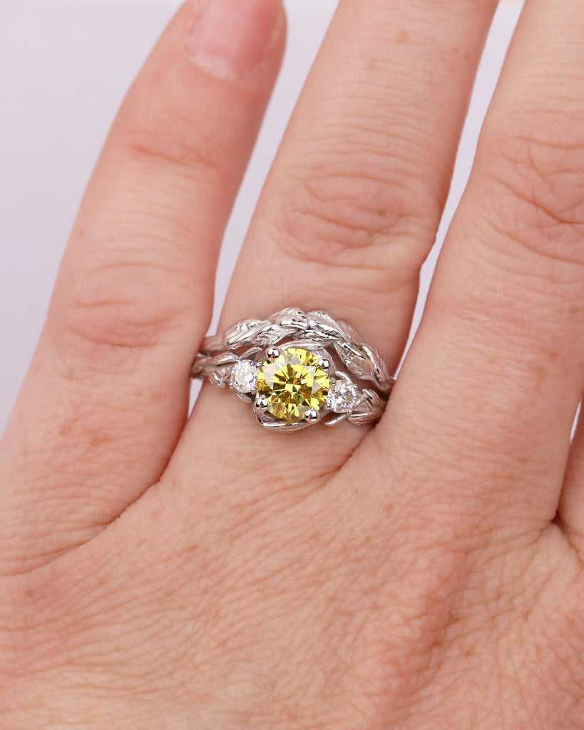 Yellow Lab Diamond Engagement Ring Set, Vintage 14k White Gold Wedding Anniversary Ring, Unique Nature Inspired Personalized Bridal Jewelry image #2