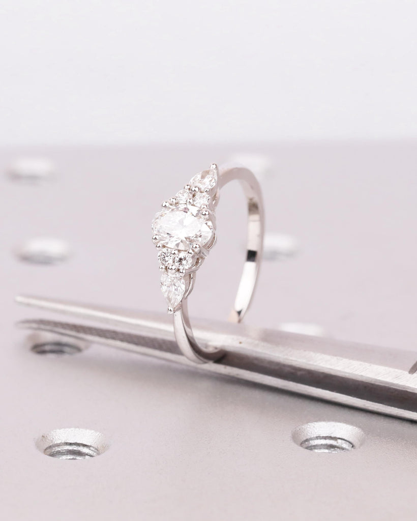 IGI Certified Oval Lab Grown Diamond Engagement Ring, Solid Gold Vintage Engagement Ring, Unique Diamond Cluster Ring, Art Deco Promise Ring image #4