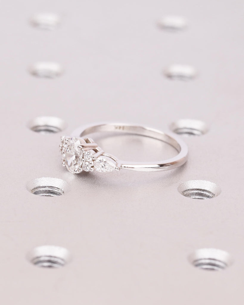 Oval Lab Grown Diamond Ring, Vintage Art Deco Diamond Ring, Pear & Round Accent Diamonds, Dainty 14k Gold Ring, Unique Bridal Jewelry image #4