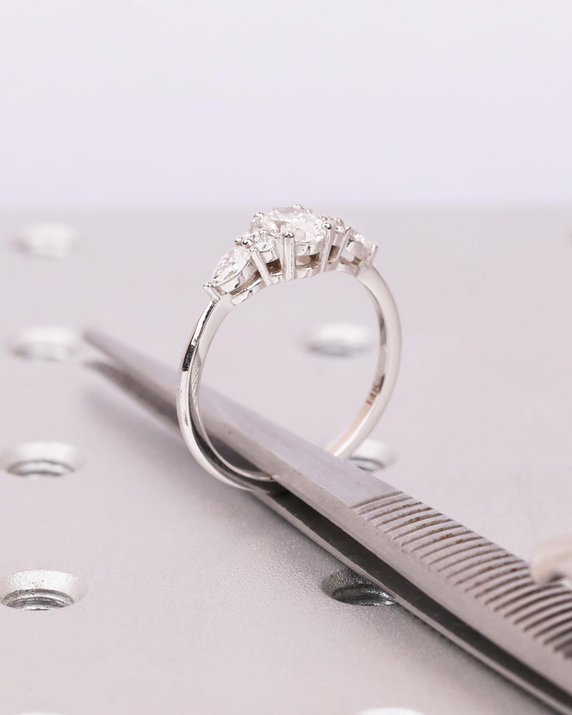 Oval Lab Grown Diamond Ring, Vintage Art Deco Diamond Ring, Pear & Round Accent Diamonds, Dainty 14k Gold Ring, Unique Bridal Jewelry image #7
