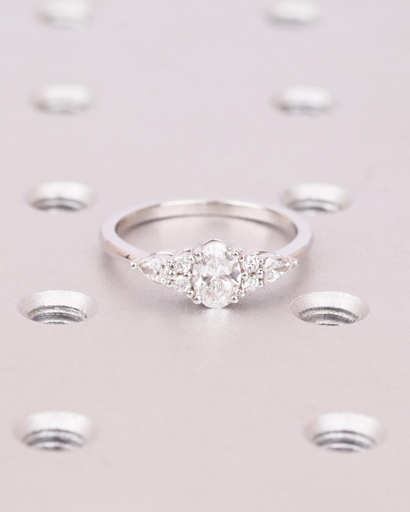 Oval Lab Grown Diamond Ring, Vintage Art Deco Diamond Ring, Pear & Round Accent Diamonds, Dainty 14k Gold Ring, Unique Bridal Jewelry image #2