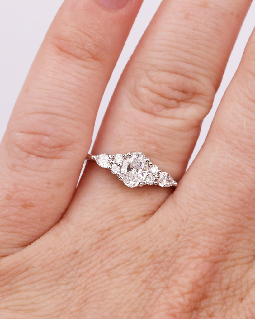 Moissanite Oval Engagement Ring, 0.5ct up to 4ct, 14k Solid Gold Vintage Engagement Ring, Unique Diamond Cluster Ring, Art Deco Promise Ring image #2