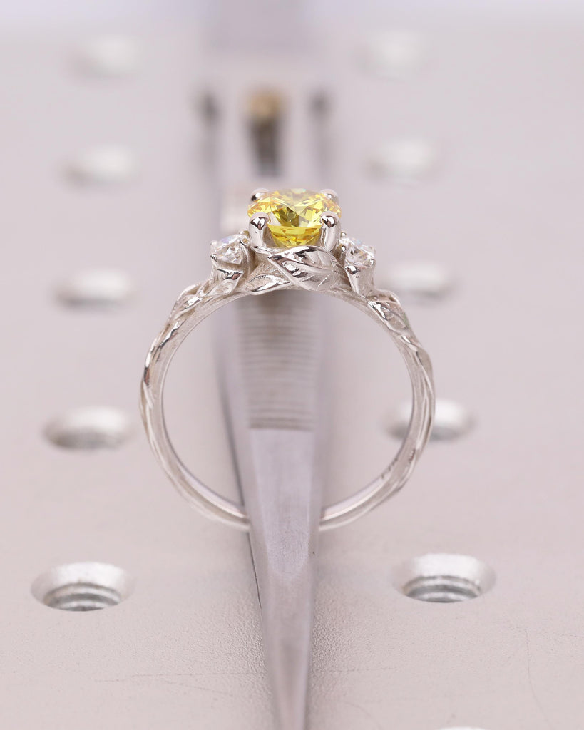 Round Yellow Lab Grown Diamond Engagement Ring Set in White Gold, Nature Inspired Ring image #19