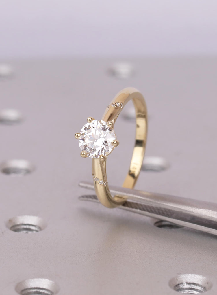 Cathedral Engagement Ring, 14K Yellow Gold Round Moissanite Ring, Six Prong Twisted Band Ring, Round Diamond Accent Ring, Unique Bridal Ring image #10
