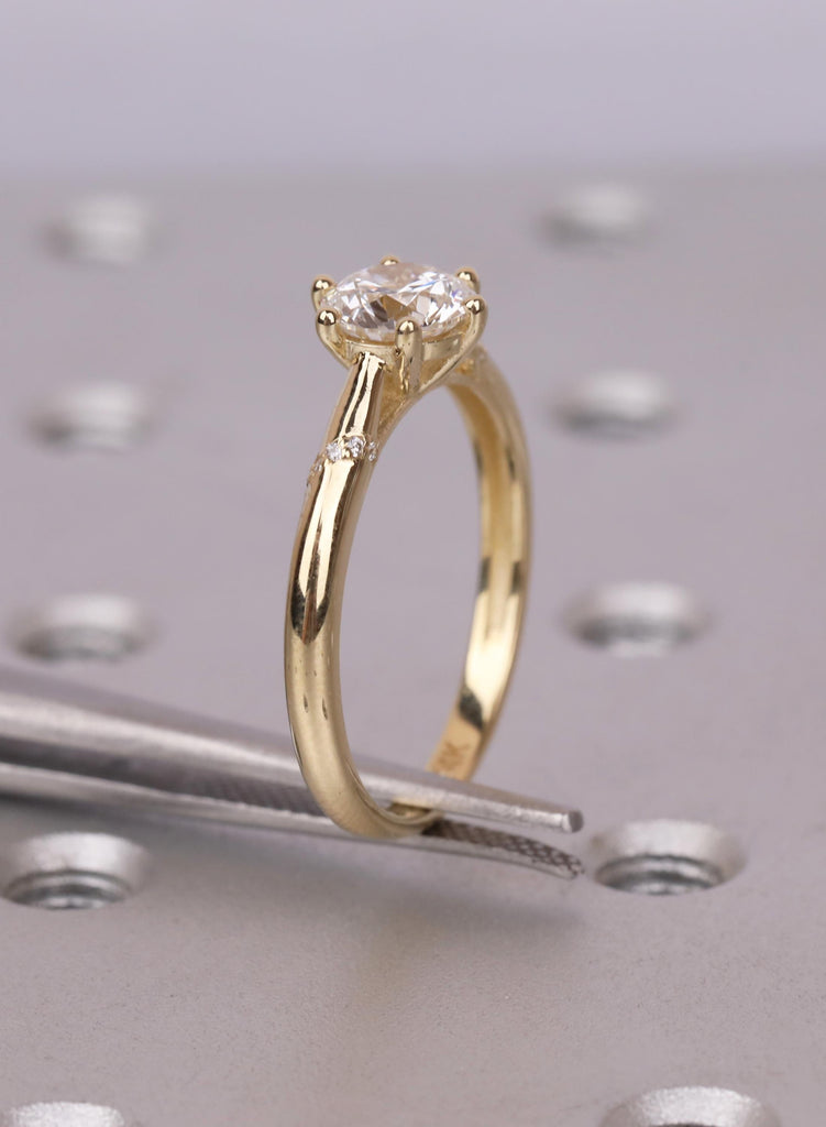 Cathedral Engagement Ring, 14K Yellow Gold Round Moissanite Ring, Six Prong Twisted Band Ring, Round Diamond Accent Ring, Unique Bridal Ring image #16