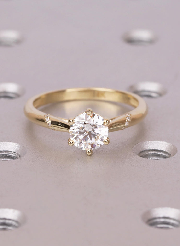 Cathedral Engagement Ring, 14K Yellow Gold Round Moissanite Ring, Six Prong Twisted Band Ring, Round Diamond Accent Ring, Unique Bridal Ring image #1