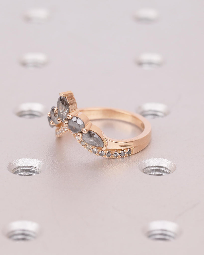 Vintage Salt and Pepper Diamond Wedding Band Women, Rose Gold Chevron Ring, Art Deco Matching Rings, Half Eternity Ring, Handmade Jewelry image #3