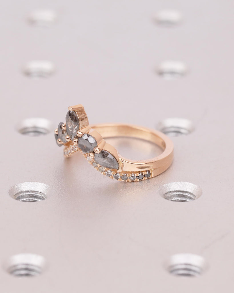 18k Rose Gold Chevron Wedding Band, Marquise Pear Round Salt Pepper Diamond Stacking Ring image #3