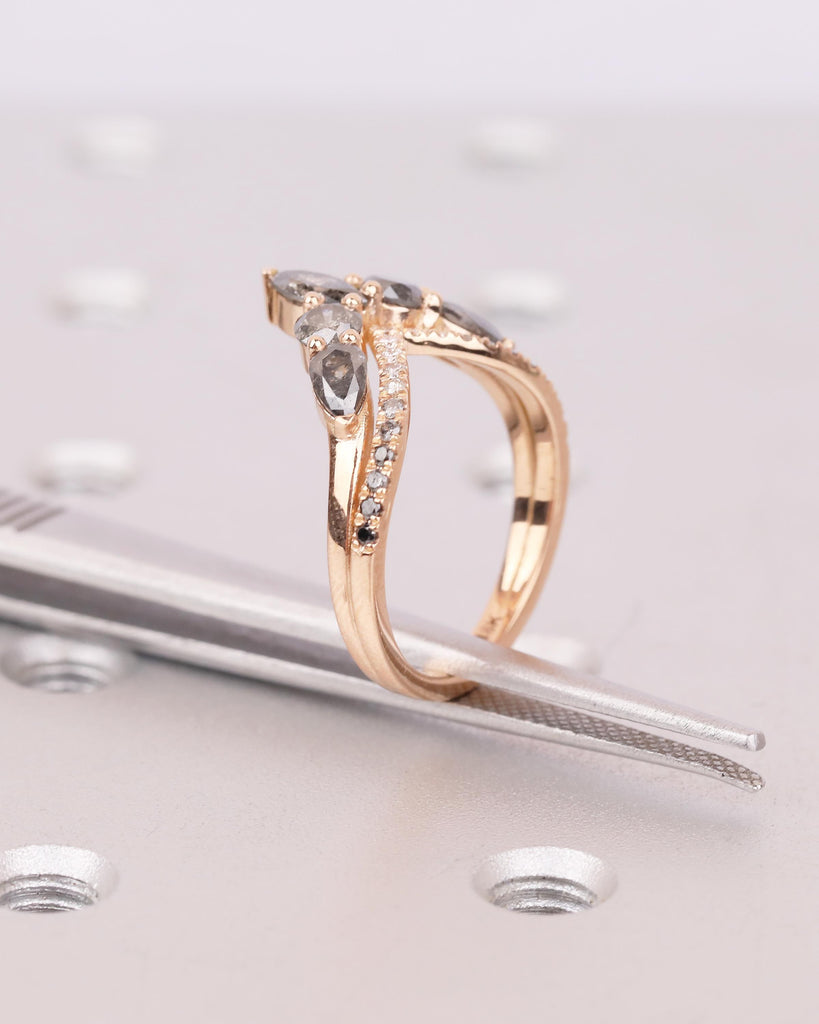 18k Rose Gold Chevron Wedding Band, Marquise Pear Round Salt Pepper Diamond Stacking Ring image #12