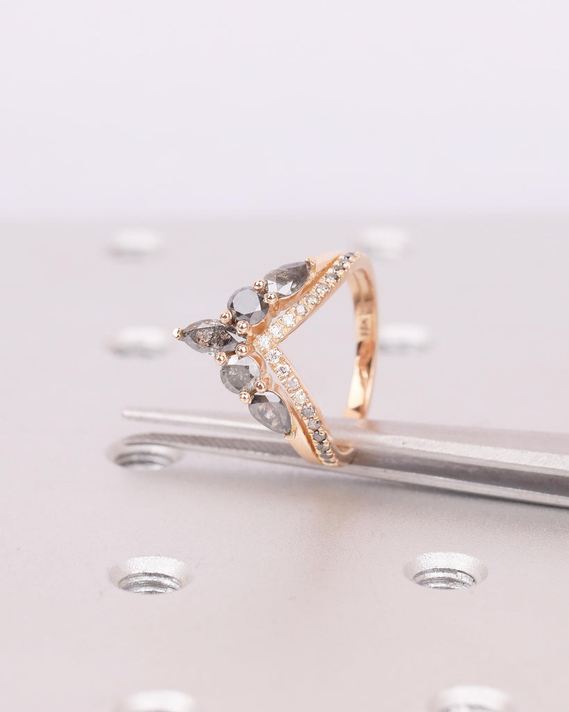 Vintage Salt and Pepper Diamond Wedding Band Women, Rose Gold Chevron Ring, Art Deco Matching Rings, Half Eternity Ring, Handmade Jewelry image #11