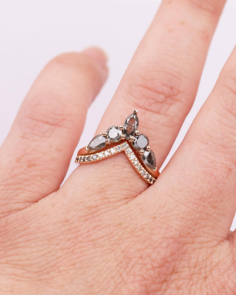 Vintage Salt and Pepper Diamond Wedding Band Women, Rose Gold Chevron Ring, Art Deco Matching Rings, Half Eternity Ring, Handmade Jewelry image #13