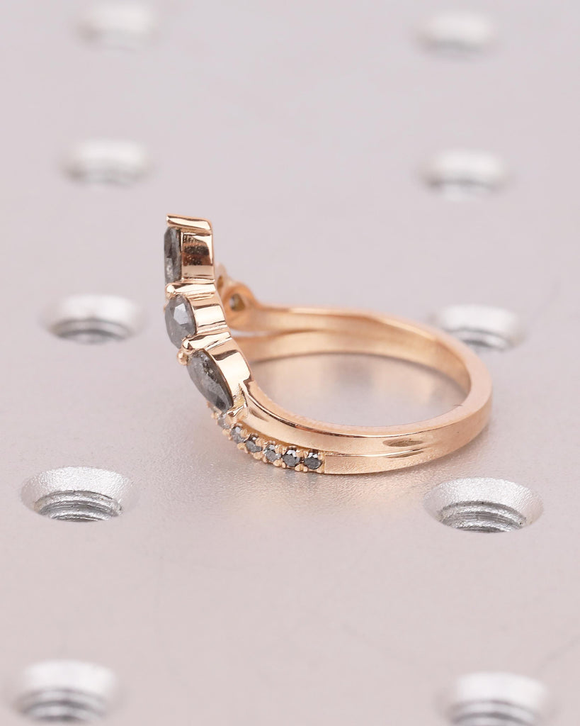 Vintage Salt and Pepper Diamond Wedding Band Women, Rose Gold Chevron Ring, Art Deco Matching Rings, Half Eternity Ring, Handmade Jewelry image #10