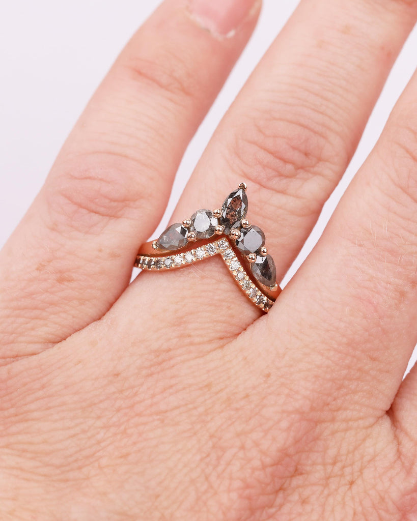 18k Rose Gold Chevron Wedding Band, Marquise Pear Round Salt Pepper Diamond Stacking Ring image #9
