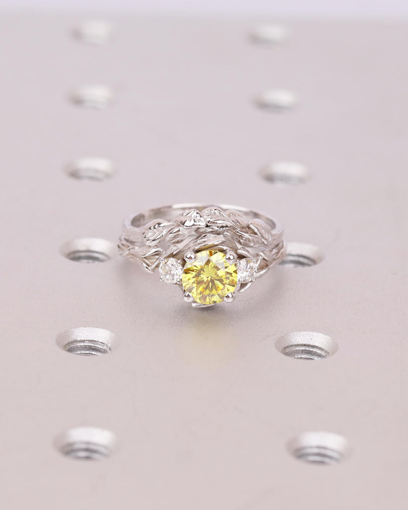 Round Yellow Lab Grown Diamond Engagement Ring Set in White Gold, Nature Inspired Ring image #2
