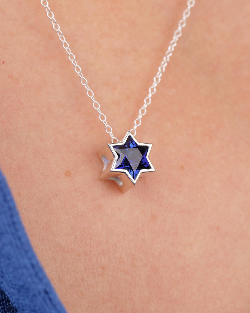 Blue Sapphire Jewish Star Necklace, Magen David Silver Pendant, Birthstone Jewelry image #8