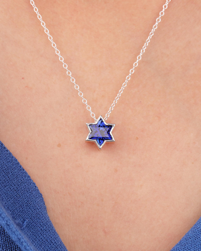 Blue Sapphire Jewish Star Necklace, Magen David Silver Pendant, Birthstone Jewelry image #5