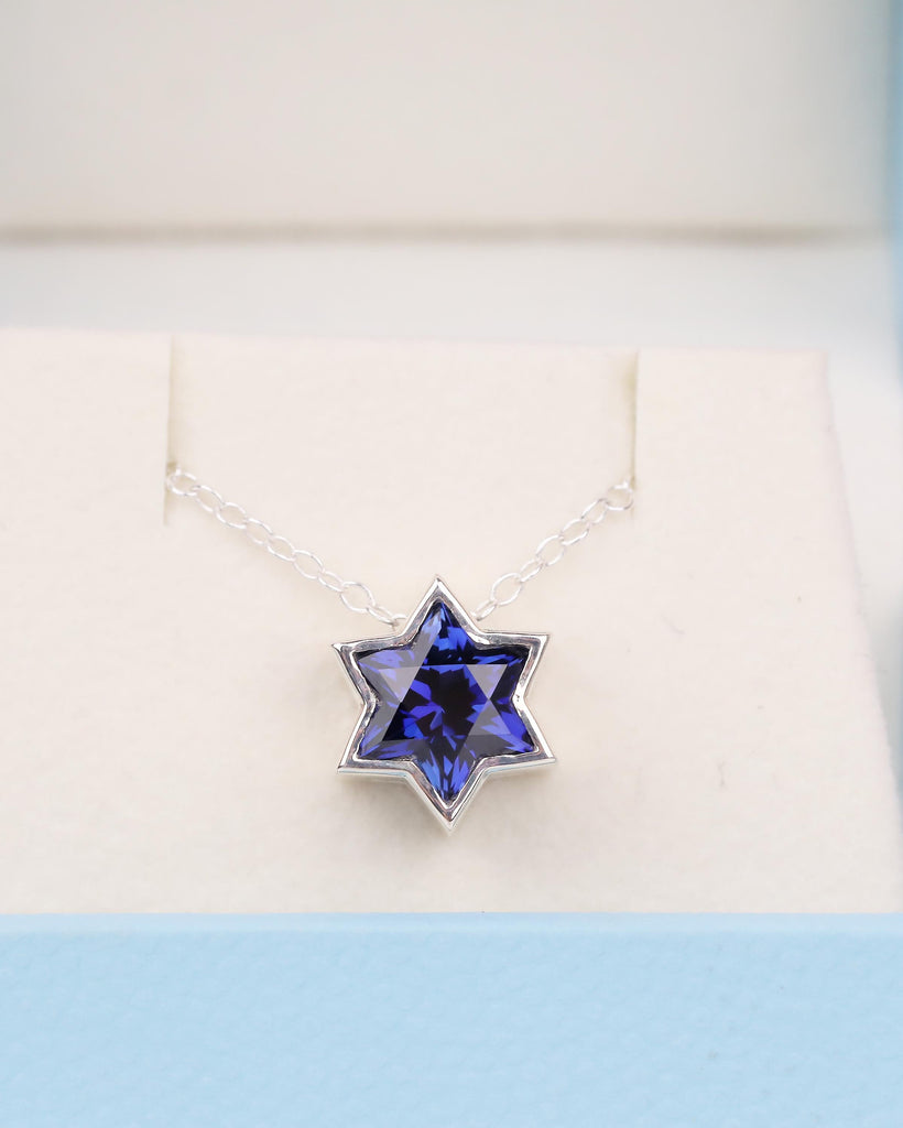 Blue Sapphire Jewish Star Necklace, Magen David Silver Pendant, Birthstone Jewelry image #3
