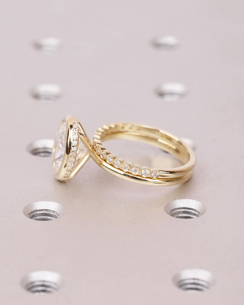Oval Moissanite Bridal Ring Set: Bezel Engagement Ring, Hidden Halo, Half Eternity Bezel Wedding Band, 14K Solid Gold Engagement Ring Set image #4