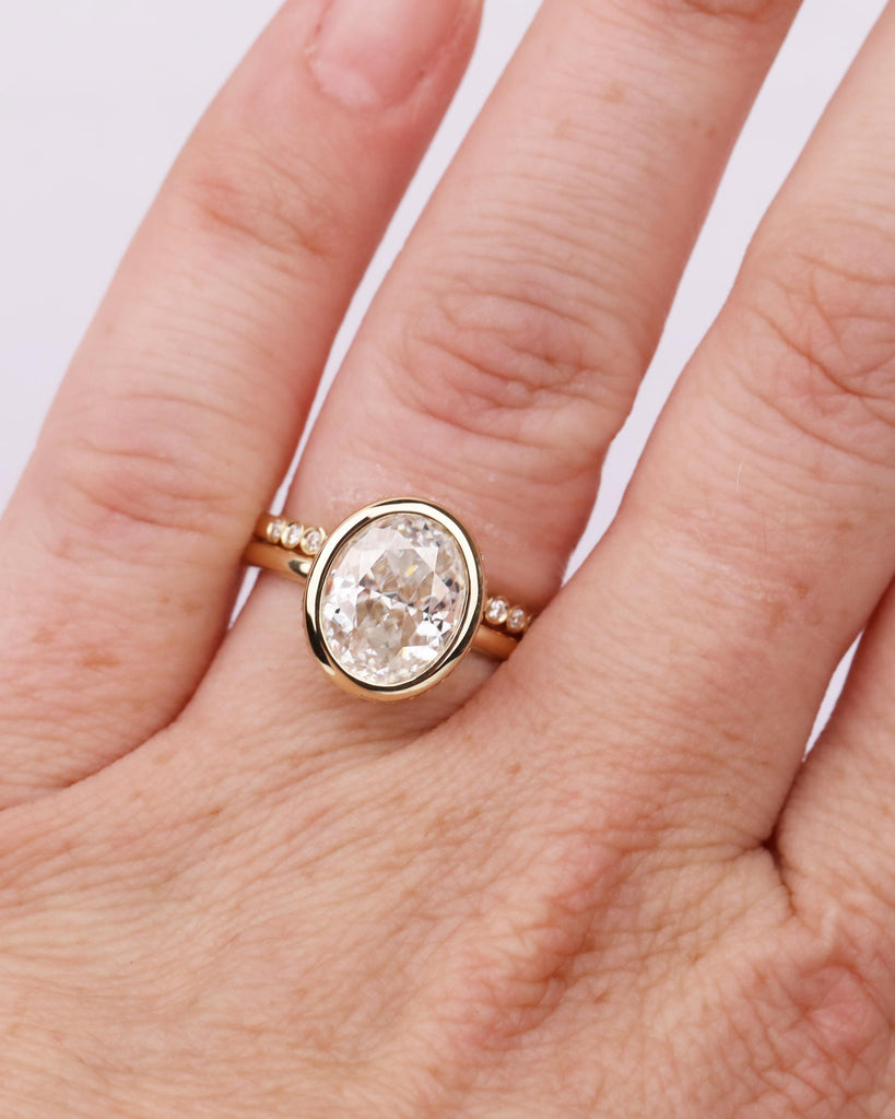 Oval Lab Grown Diamond Hidden Halo Bezel Engagement Ring Set, Half Eternity Bezel Wedding Band, 14K Solid Gold Oval Diamond Wedding Ring Set image #2