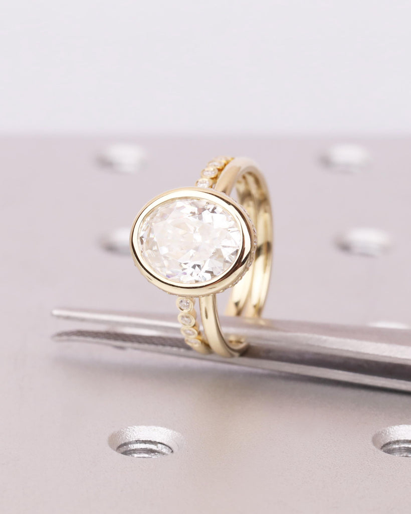 Oval Moissanite Bridal Ring Set: Bezel Engagement Ring, Hidden Halo, Half Eternity Bezel Wedding Band, 14K Solid Gold Engagement Ring Set image #8