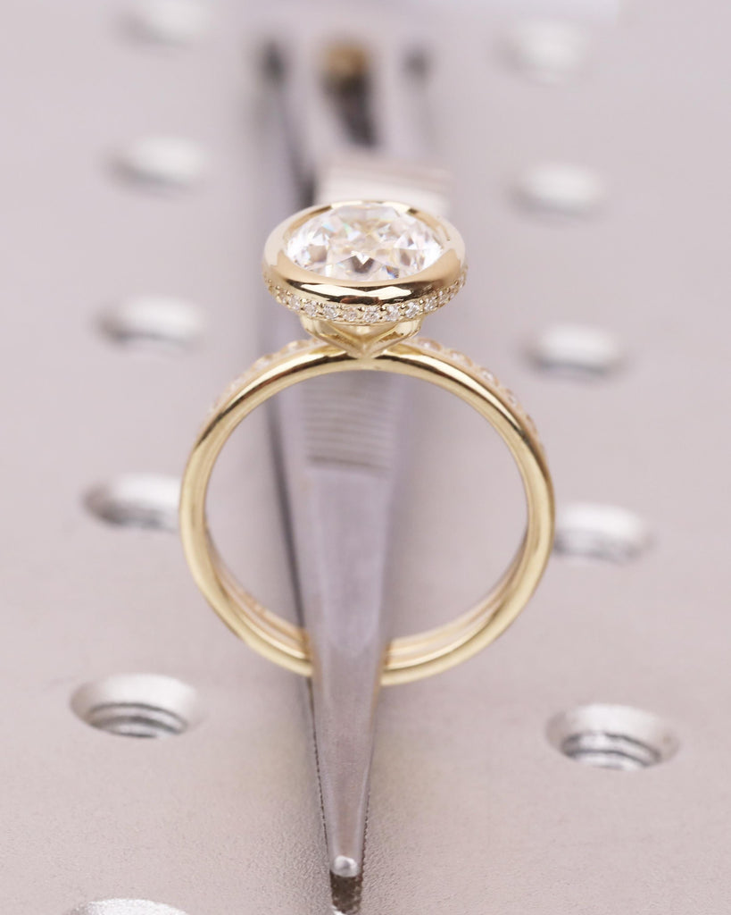 Oval Moissanite Engagement Ring Set, Hidden Halo Bezel Engagement Ring and Half Eternity Wedding Band, 14K Solid Gold Moissanite Bridal Set image #8