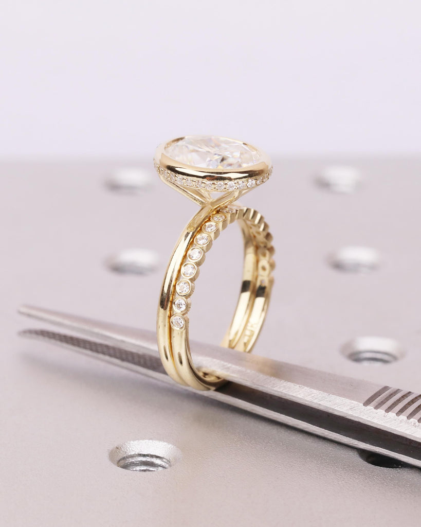 Oval Lab Diamond Bridal Ring Set: Bezel Engagement Ring with Hidden Halo, Half Eternity Bezel Wedding Band, 14K Gold Engagement Ring Set image #7
