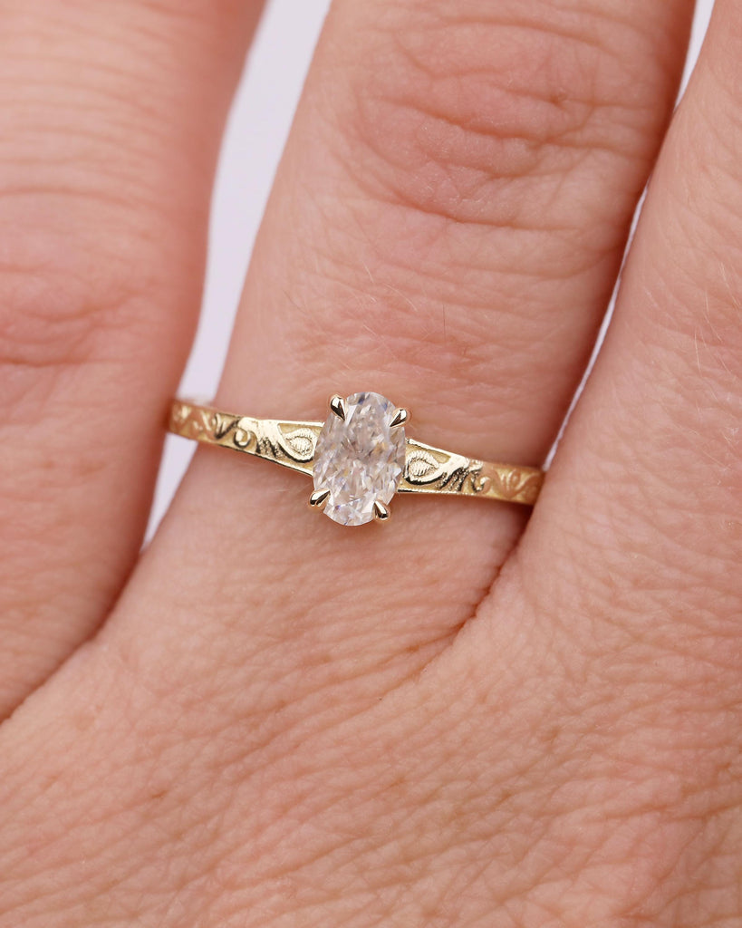 Oval Moissanite Engagement Ring in 14k Yellow Gold, Scrollwork Band, Minimalist Anniversary Ring image #14